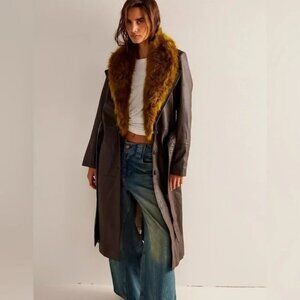 Free People Midnight Train Leather Trench Coat Women XS Mob Wife Luxury Faux Fur